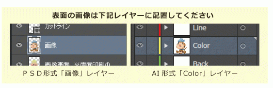 表面レイヤーPSD形式「画像レイヤー」、AI形式「Colorレイヤー」